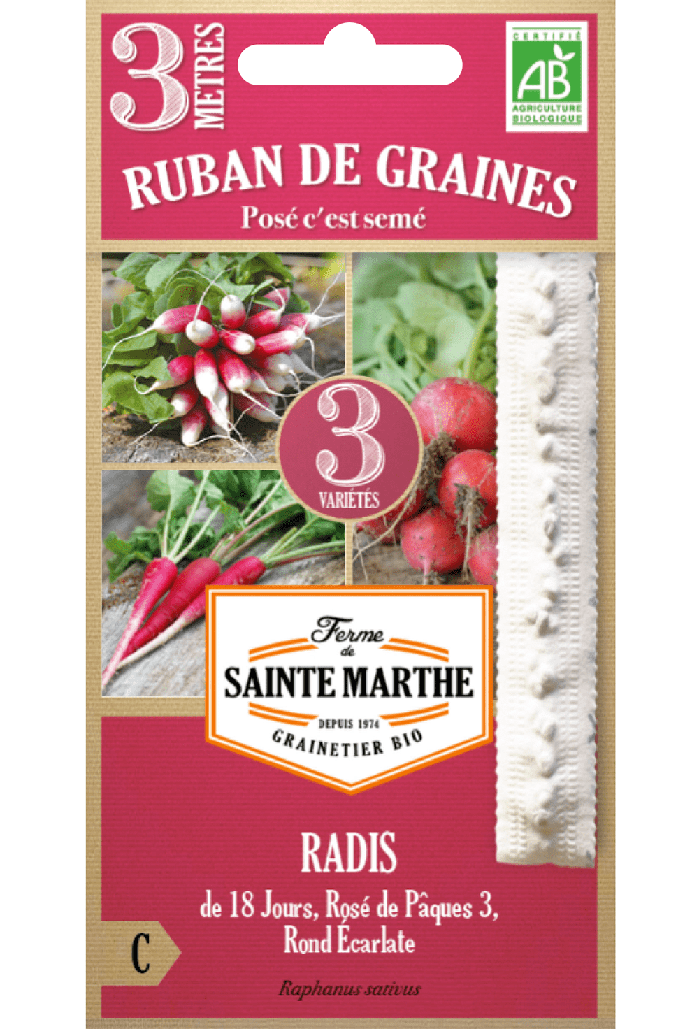 Radis en mélange (18 Jours, Rosé de Pâques 3, Rond Écarlate) ruban 3m